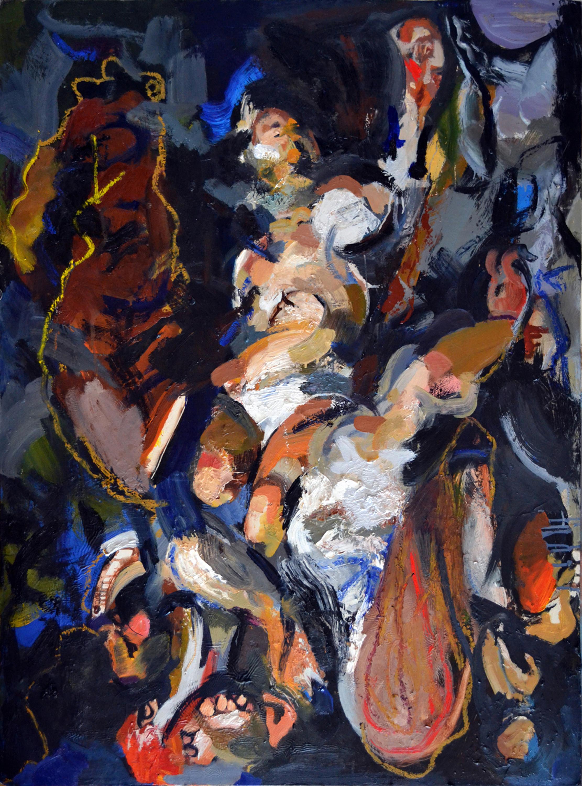 Tom Bennett Figurative Painting - "Pete's Going Away, " colorful gestural abstraction, multiple figures