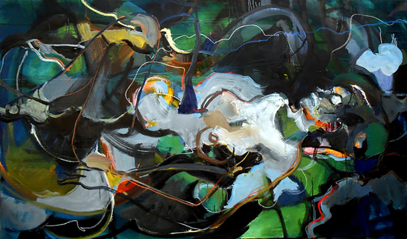 Abstract Painting Tom Bennett - Pheromone B, figure sensuelle abstraite aux bleus et verts tourbillonnants
