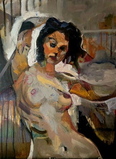 Tom Bennett - Prosaischer, weiblicher Frontalakt Ölgemälde lebhafte Pinselführung, Erdtöne Prosaischer, weiblicher Frontalakt Ölgemälde lebhafte Pinselführung, Erdtöne