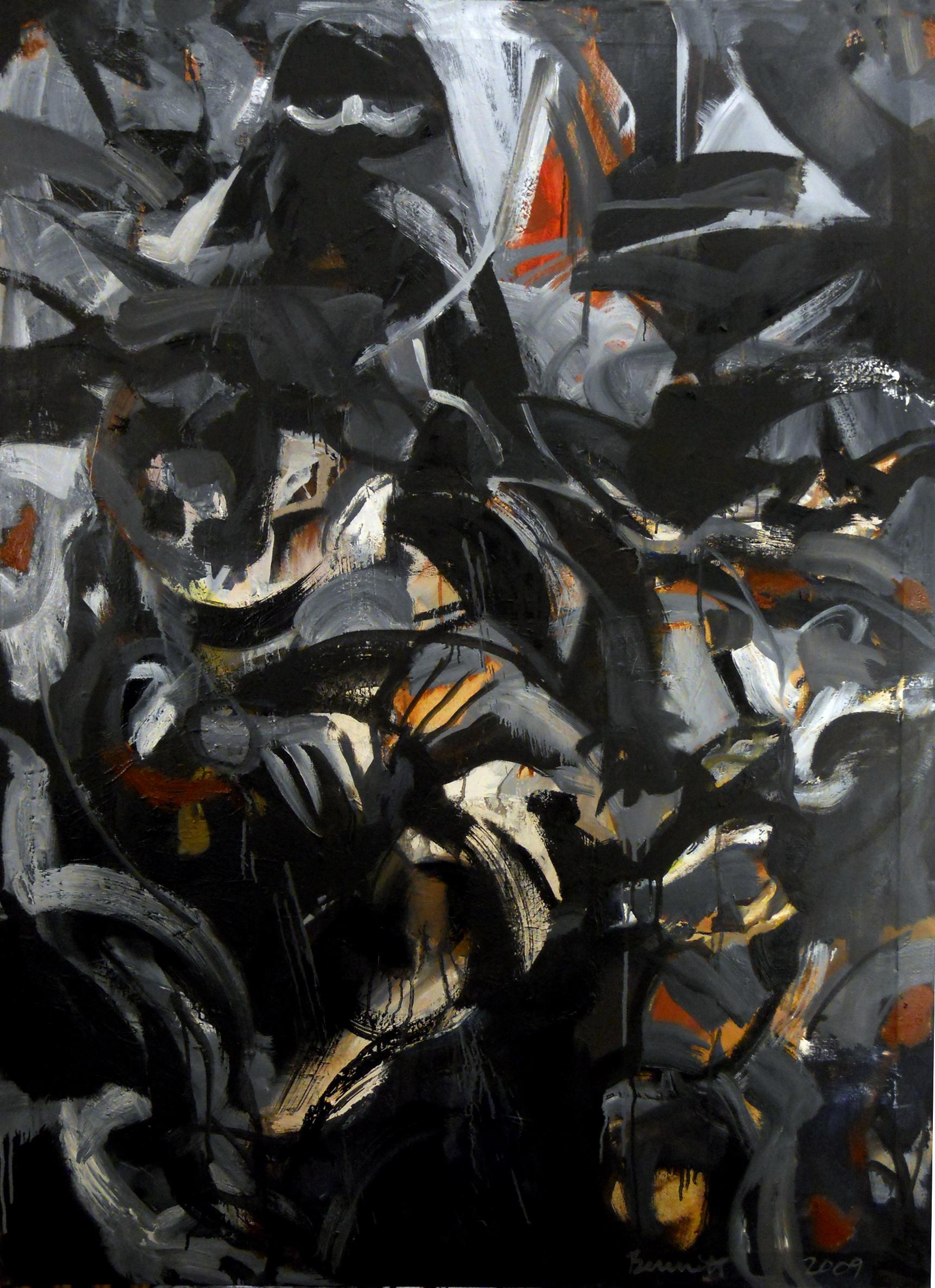 Purdah, dark tones, gestural abstract w figures, black, grey monochromatic