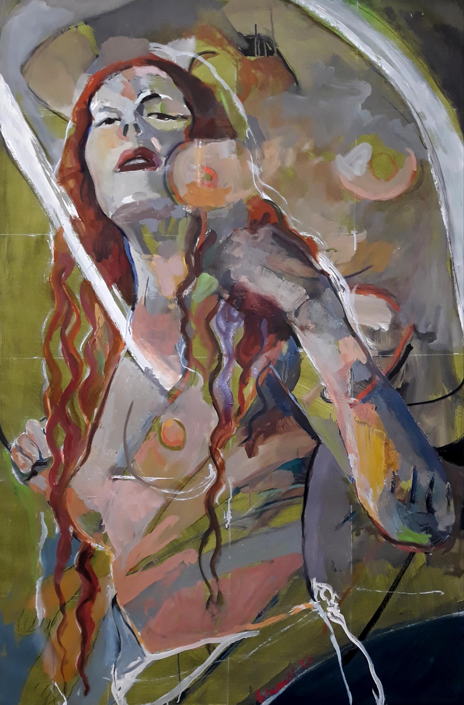 Tom Bennett Nude Painting – Rote Ophelia, farbenfroher abstrakter weiblicher Akt