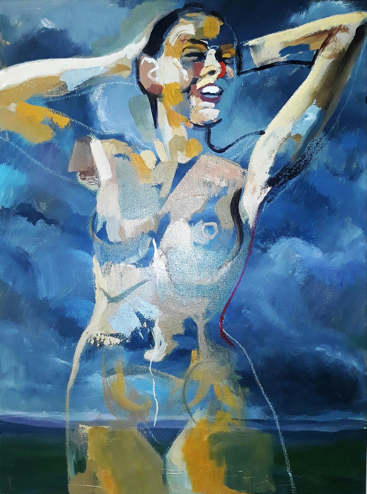 Figurative Painting Tom Bennett - Cuillère 1, nu, tons bleus, suggère de l'eau du ciel