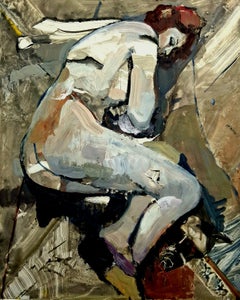 The Stranger 2, abstract brushwork, seated female nude, skin tones