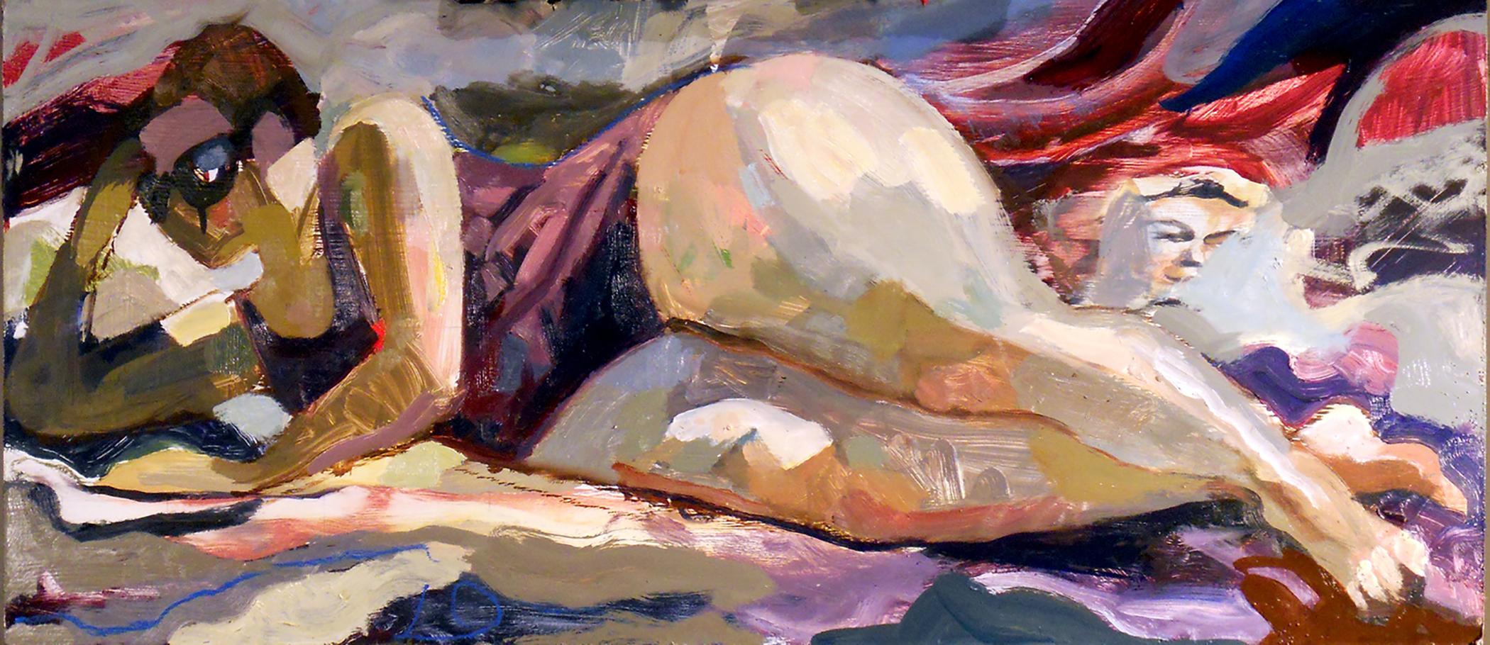 Tom Bennett Figurative Painting - Truro Beach, colorful abstract female sun bather