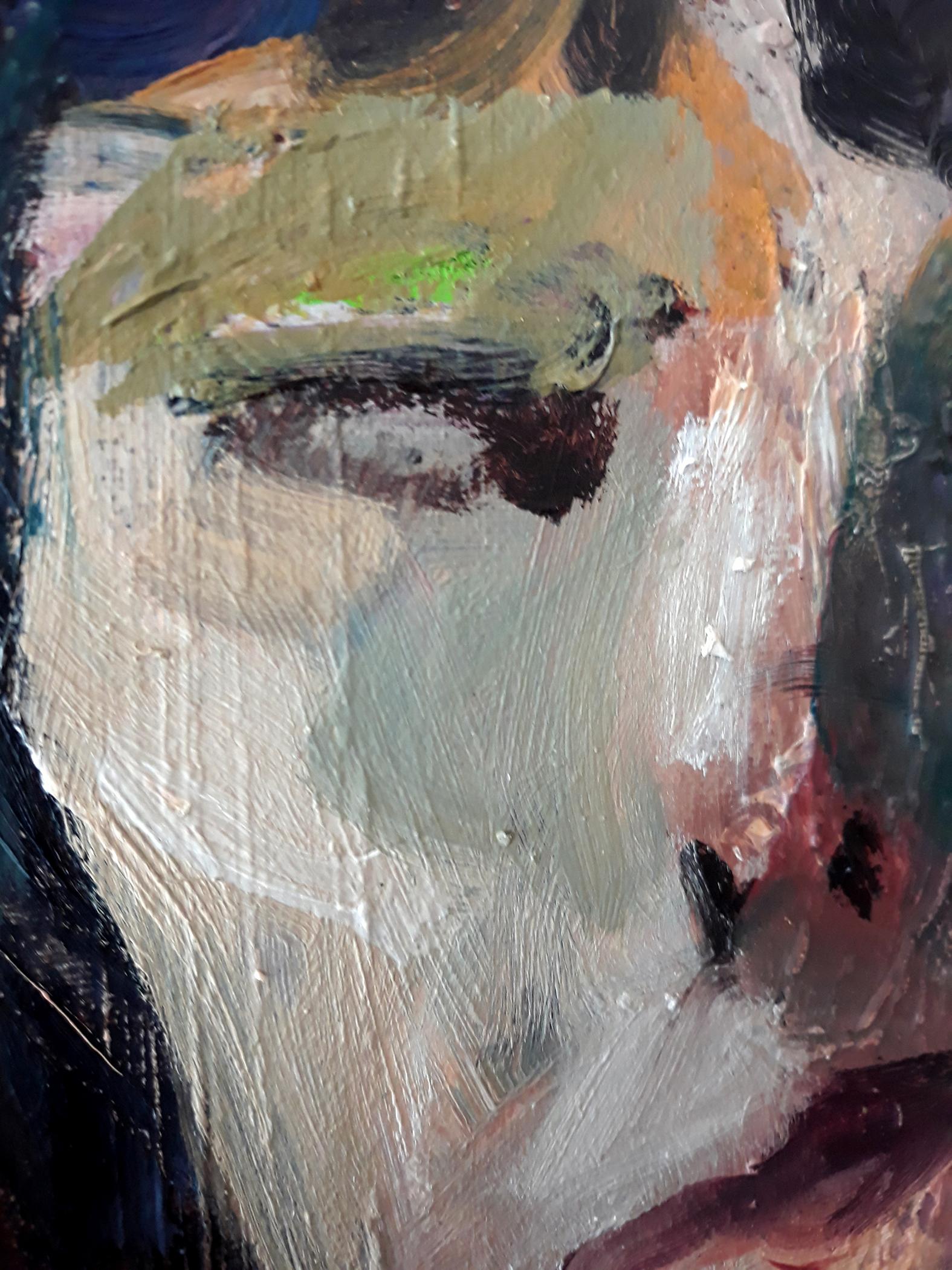 Unfinished Thought, weiblicher Akt, abstrakte figurative Malerei in Erdtönen (Expressionismus), Painting, von Tom Bennett