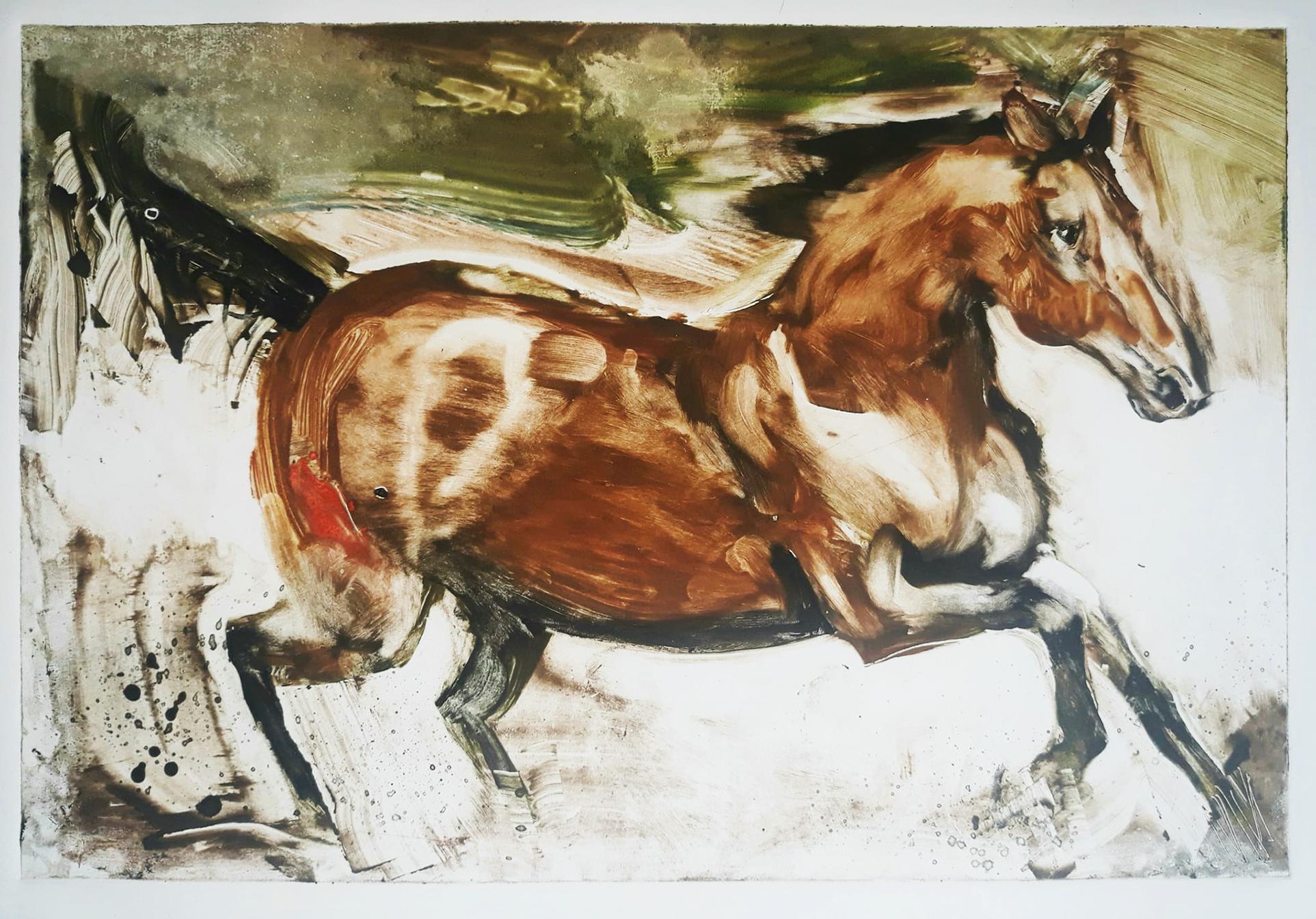 Tom Bennett Animal Print - Arabian, horse monotype, earth tones, energetic brushwork