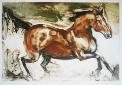 Árabe, monotipo de caballo, tonos tierra, pincelada enérgica