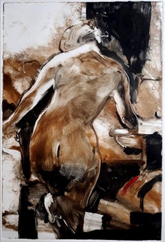 Bather, black and white and earth tones, nude figure