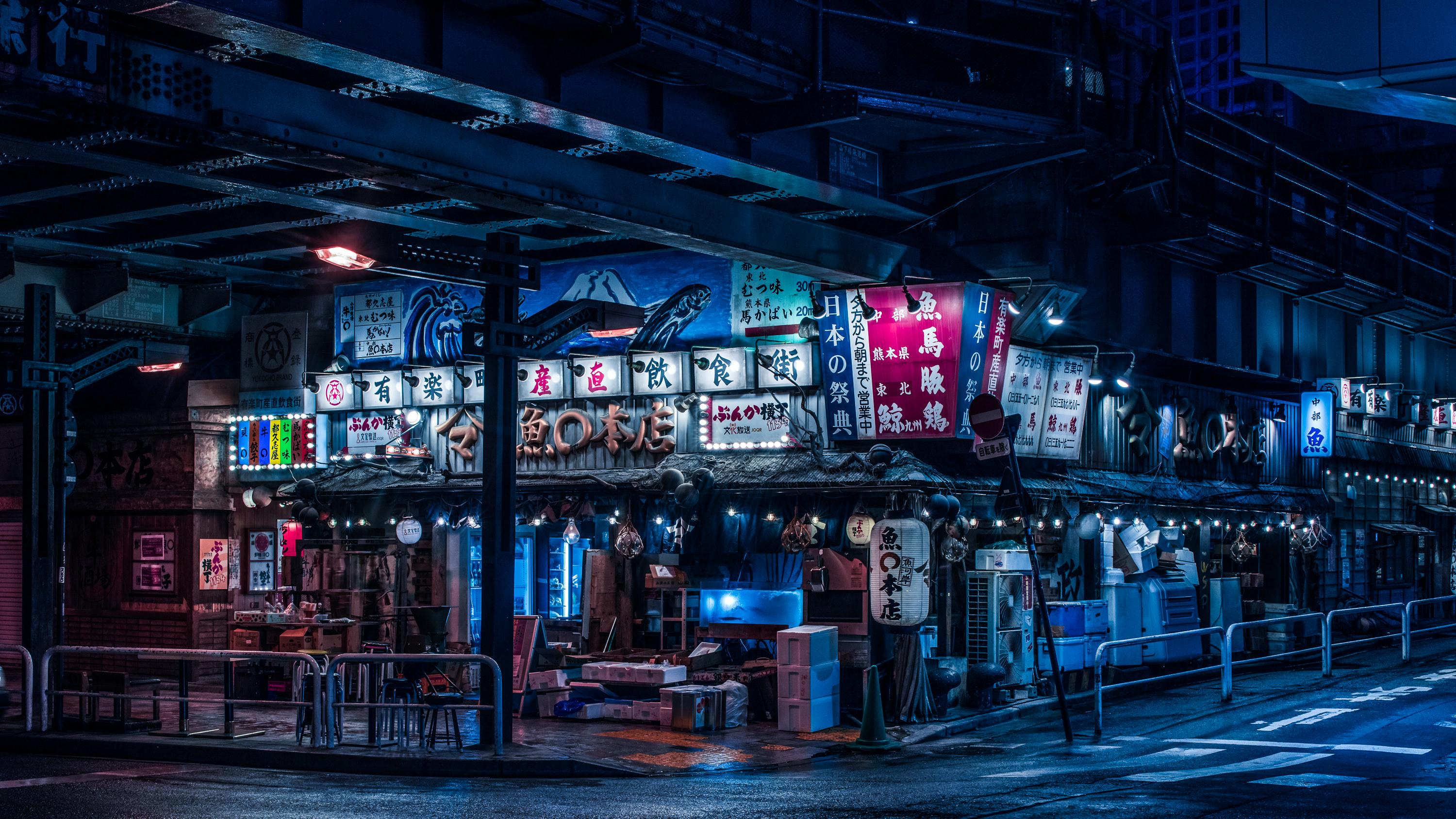 Neon del mercato del pesce in Giappone - Una fotografia noir di architettura moderna