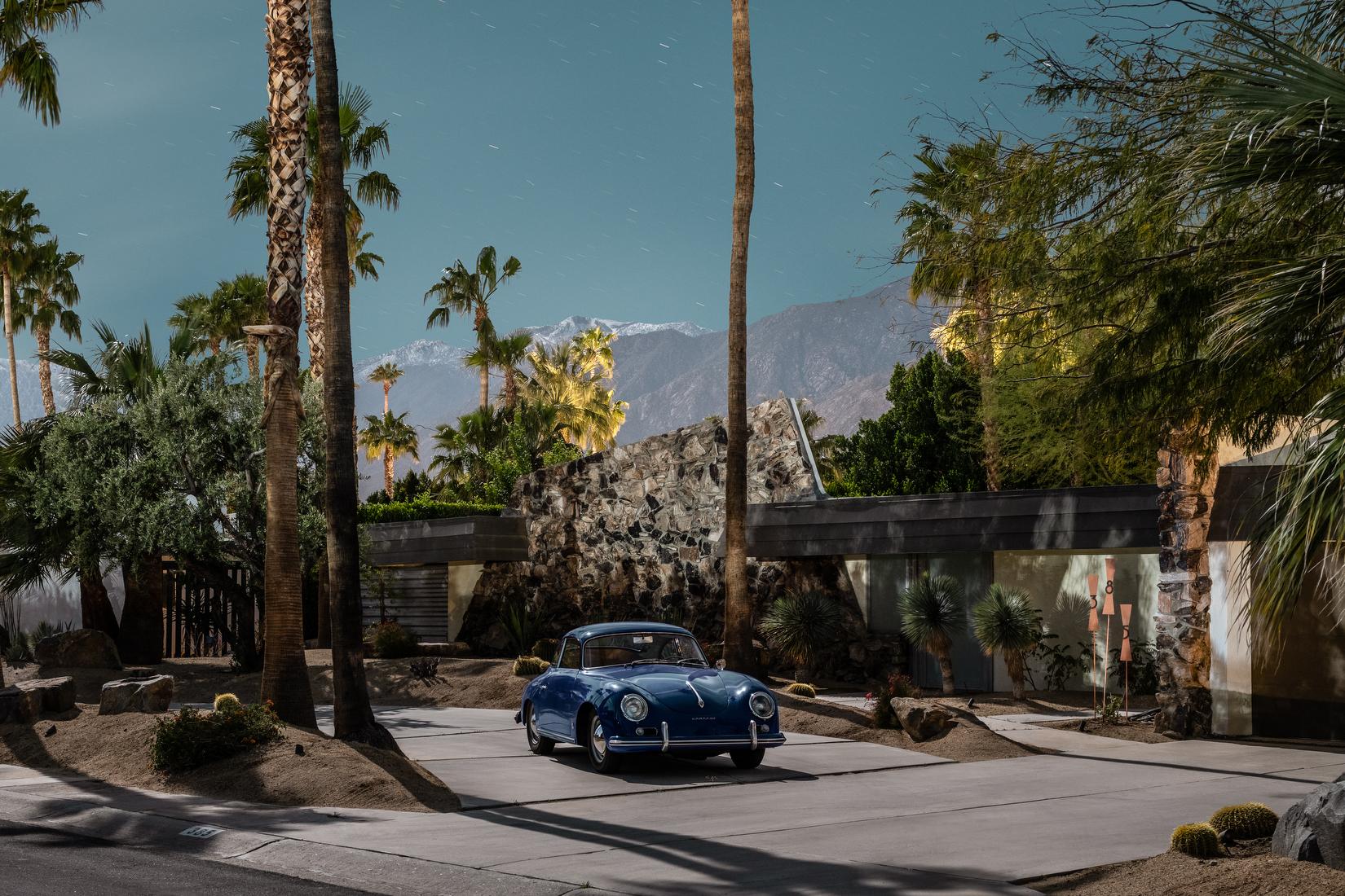 Tom Blachford Landscape Print - Mid Century Blue 356 Porsche, Midnight Modern Architecture Palm Springs