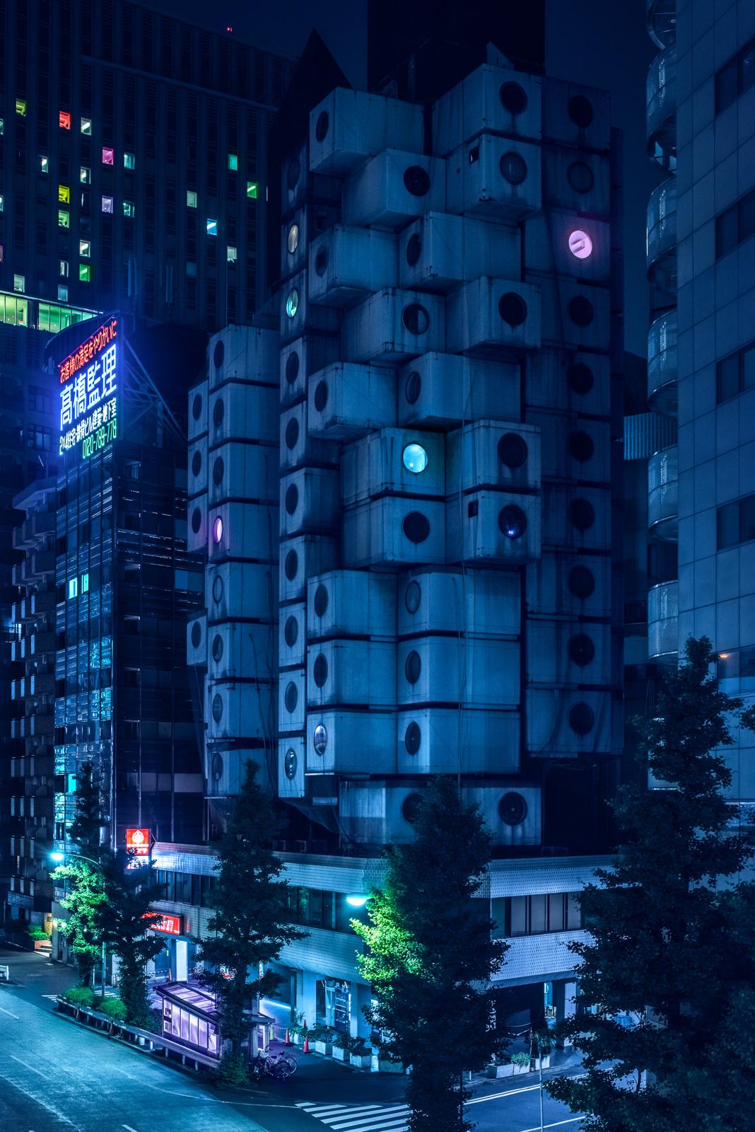 Tom Blachford Landscape Photograph - Nagakin Capsule Tower Japan - A Modern Architecture Noir Photograph 