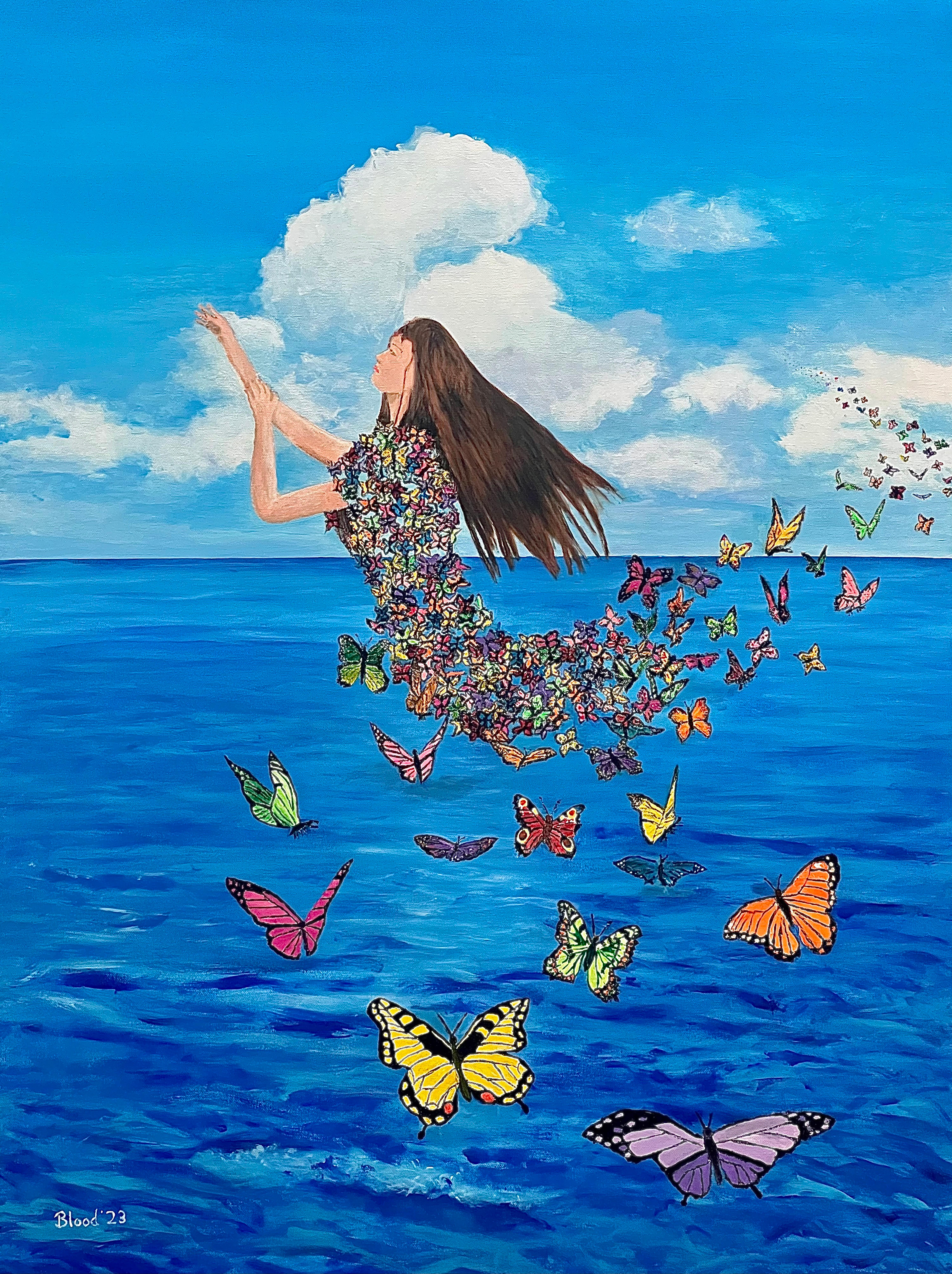 Tom Blood Figurative Painting – Schmetterlingsträume, Original surrealistisches Gemälde