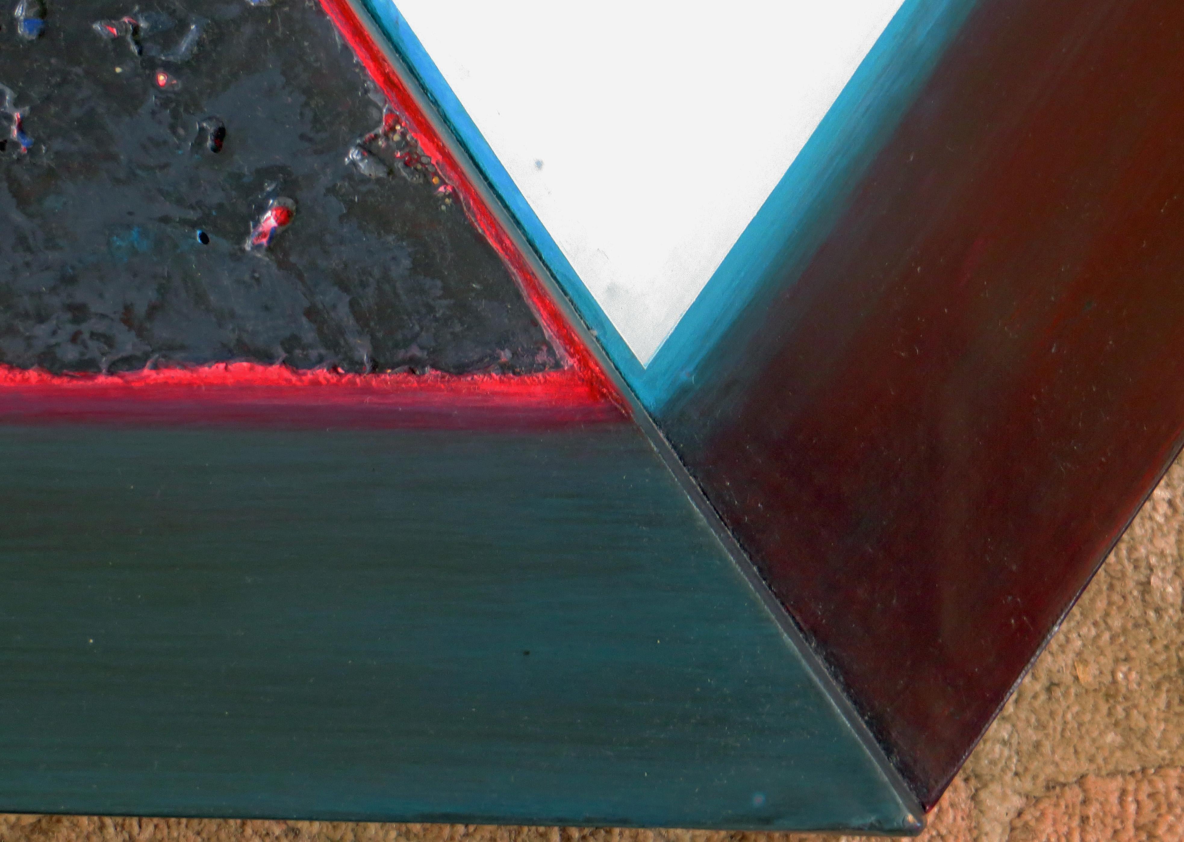 Künstler: Tom Bolles (1953- )
Titel: Dreiecke #3 & #4 Paarungsversuche
Datum: 1987
Medium: Acryl, Sand und Leinwand
Größe: 21 x 44,25 Zoll
Signatur: signiert, betitelt, datiert auf der Rückseite

Dieses Werk lässt sich am besten als minimalistische