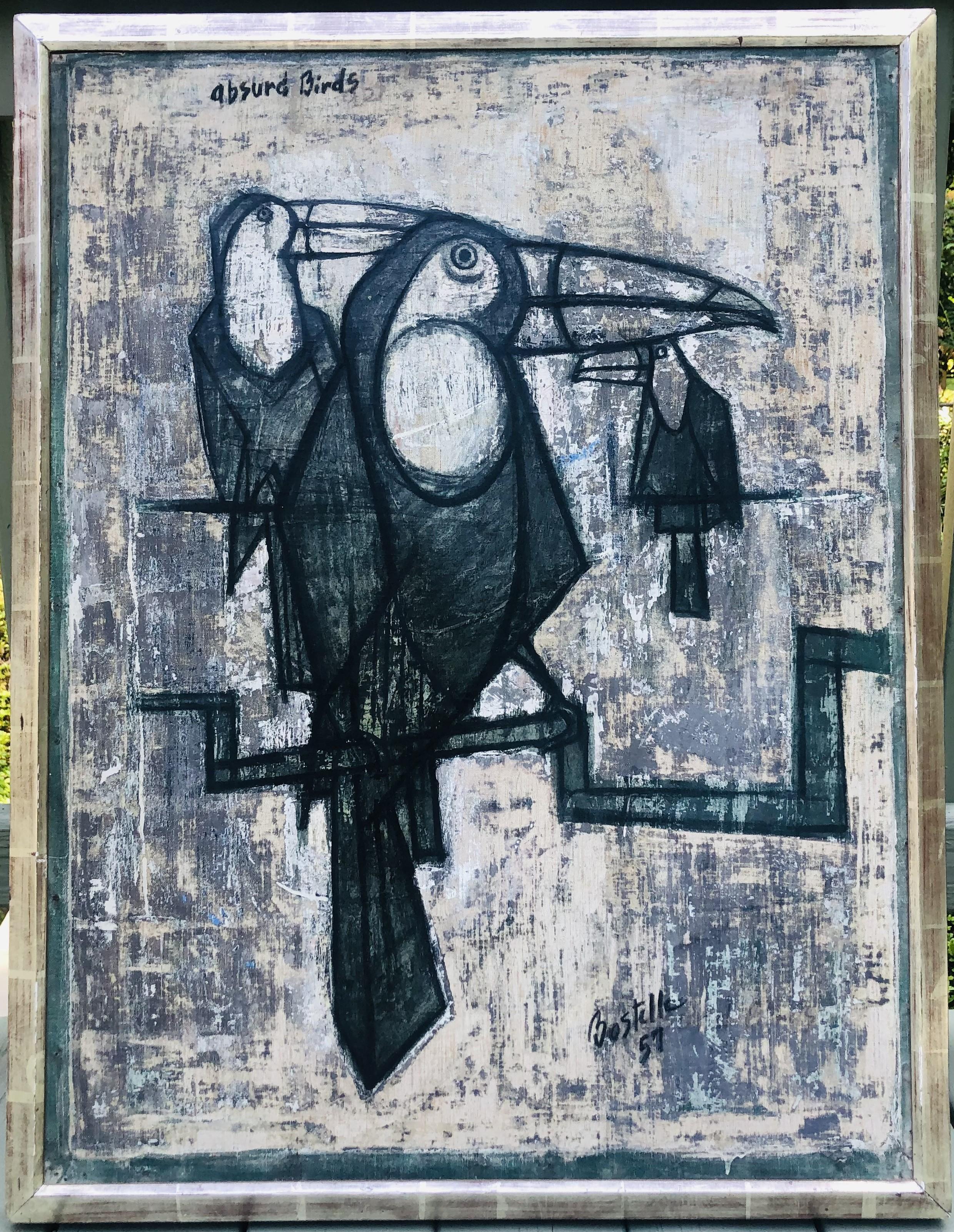 Uccelli assurdi modernisti dell'artista della contea di Chester Tom Bostelle 1957 - Painting Moderno di tom bostelle