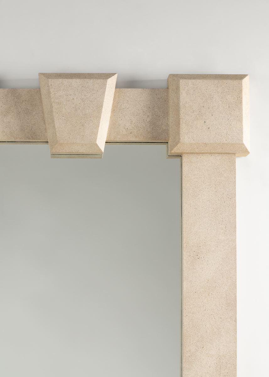 This custom mirror and coffee table are the work of renowned 20th Century designer Tom  Britt. Each piece is covered in a light-colored faux parchment.

