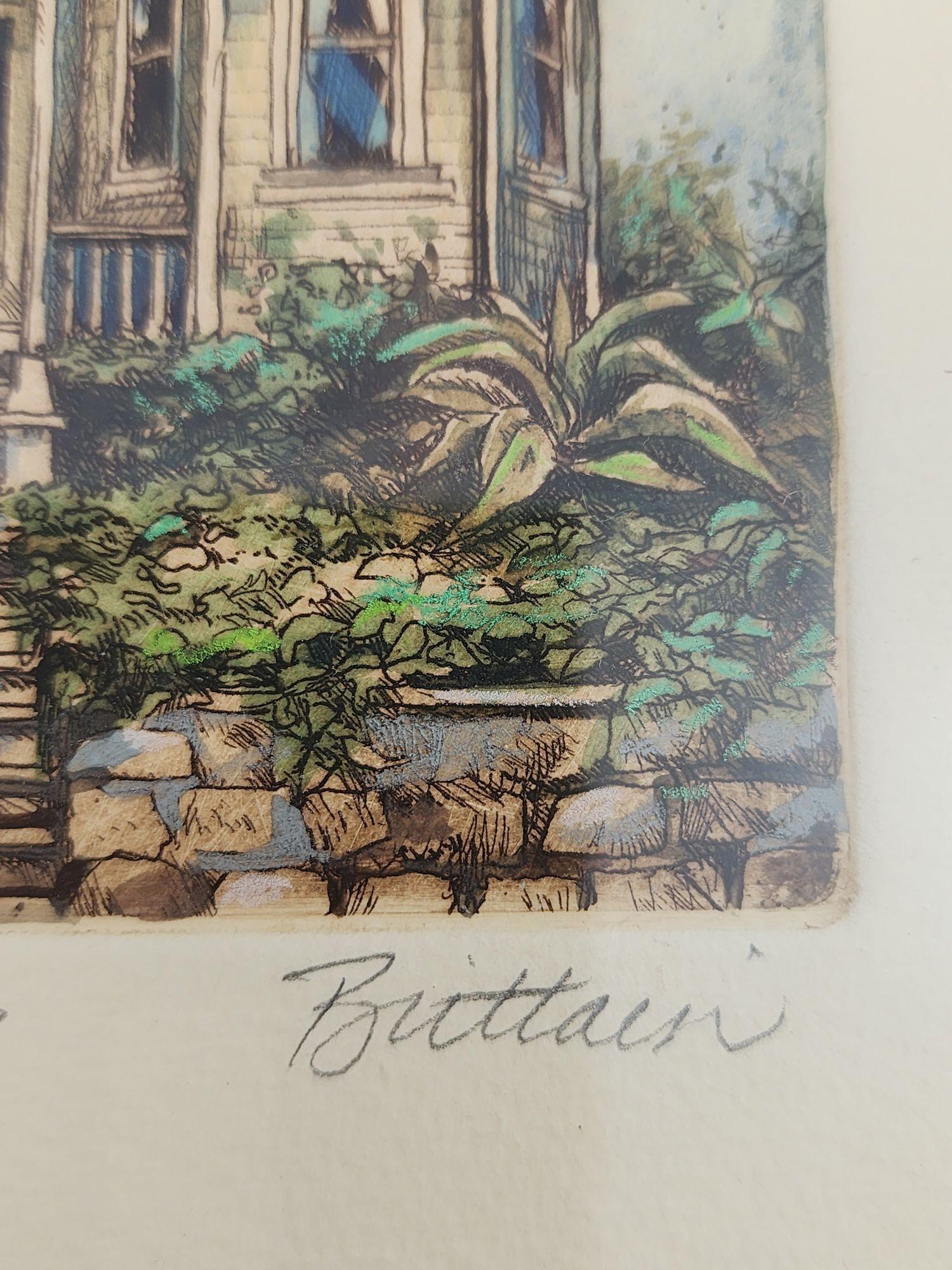 Tom Brittain Grabado sepia original firmado Casa victoriana Inglés en venta