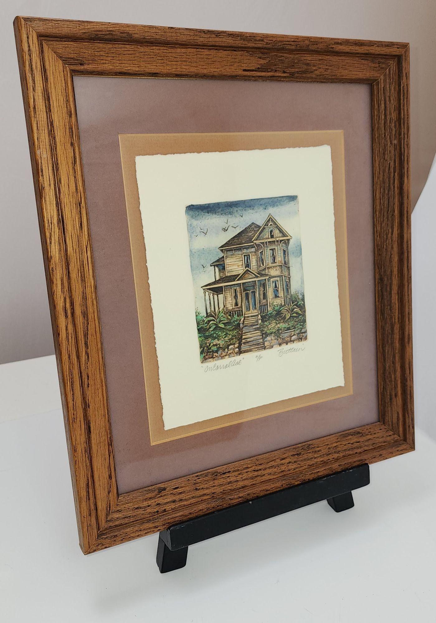 Tom Brittain Grabado sepia original firmado Casa victoriana siglo XX en venta