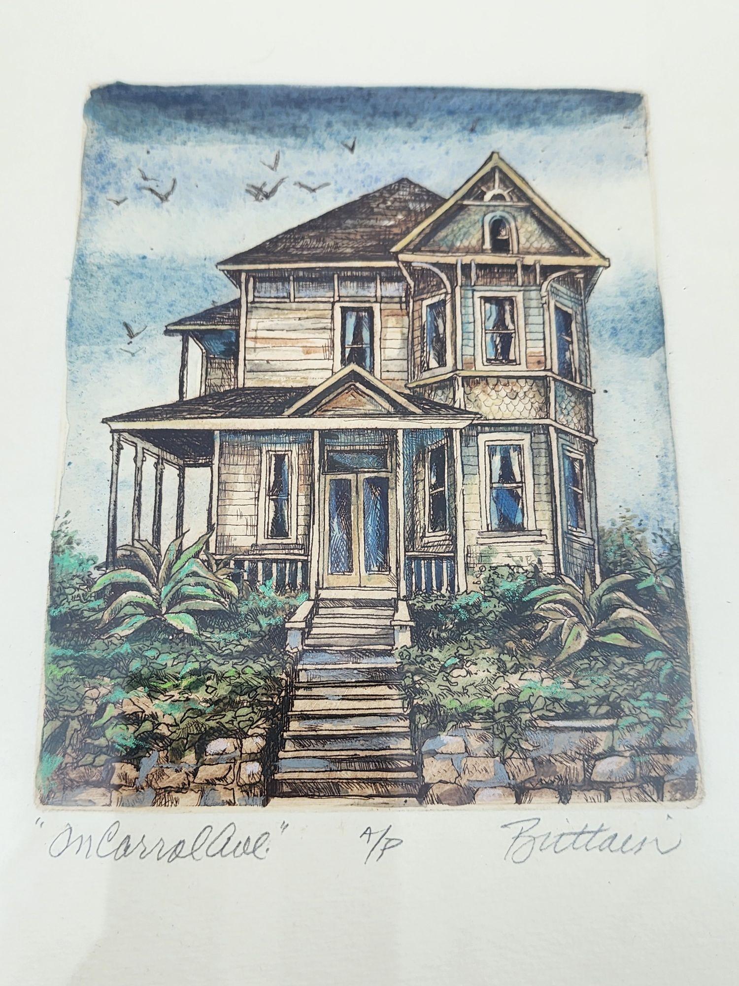 Tom Brittain Grabado sepia original firmado Casa victoriana Papel en venta