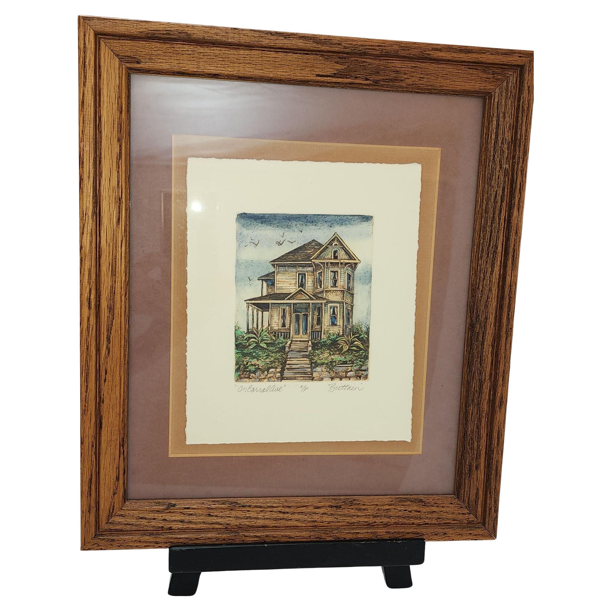Tom Brittain Grabado sepia original firmado Casa victoriana en venta