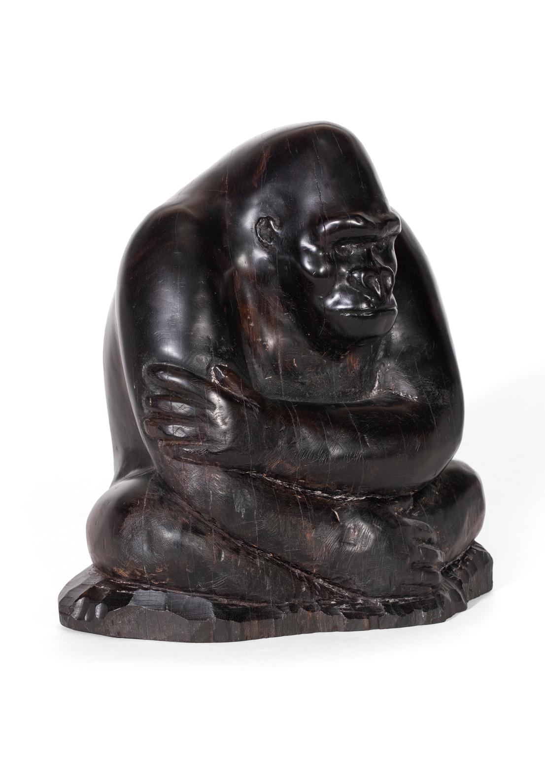 Tom Brun Figurative Sculpture - "Jim Jim" Ebony Sculpture with Dark Patina, Portrait of Detroit Zoo Gorilla