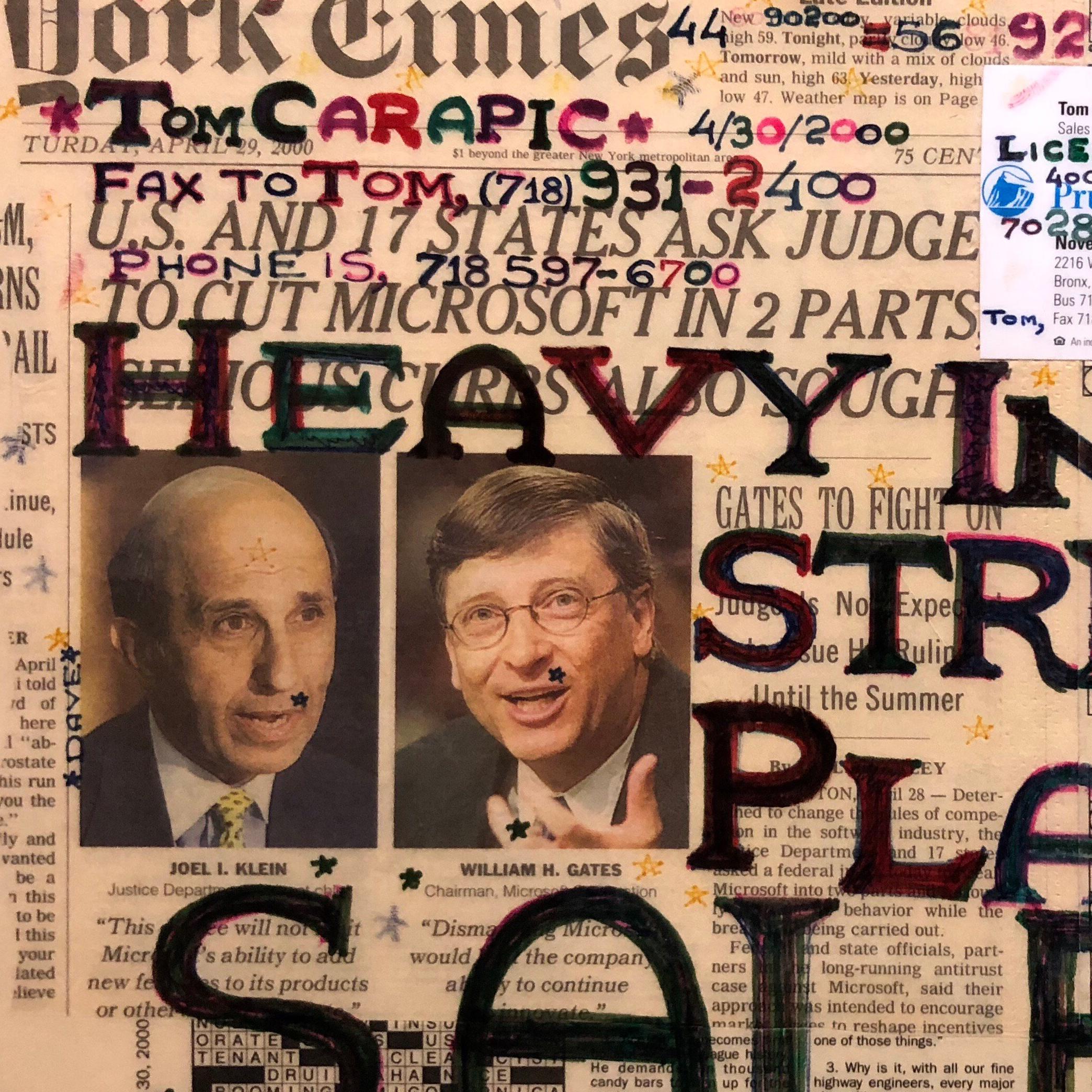Técnica mixta Outsider Arte visionario Collage de periódico Bill Gates Laminado 2 caras en venta 1