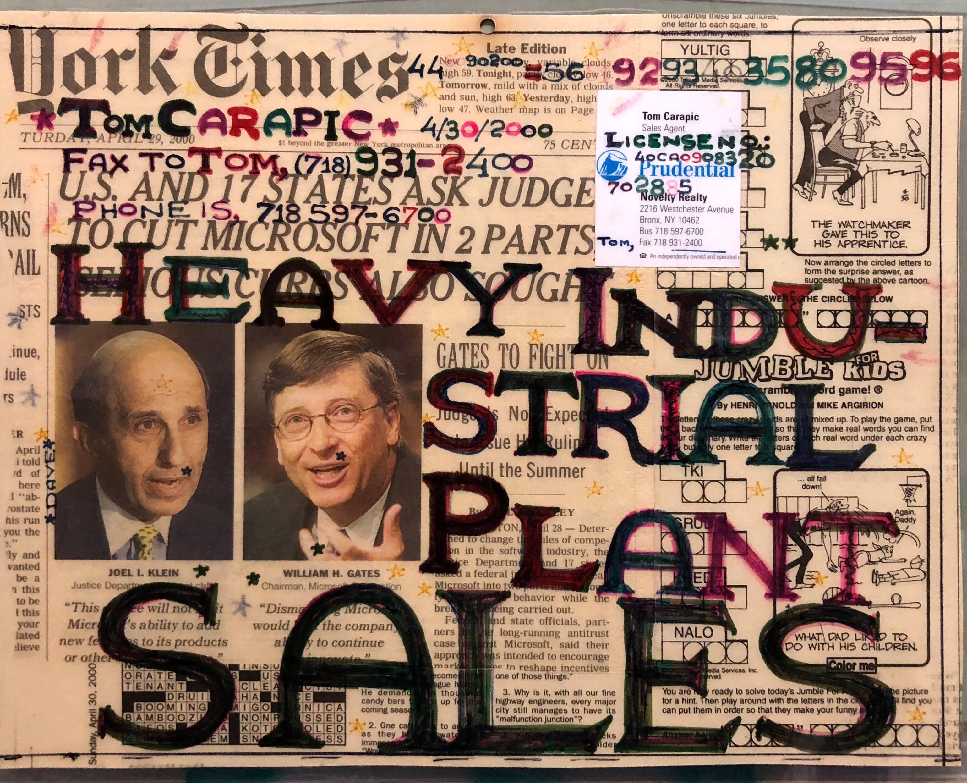 Mixed Media Outsider Visionary Art Newspaper Collage Bill Gates Laminated 2 side - Mixed Media Art by Tom Carapic