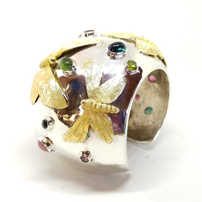 Tom Castor Collection One of a Kind 25 Carat Pink & Green Moth Cuff For Sale 4