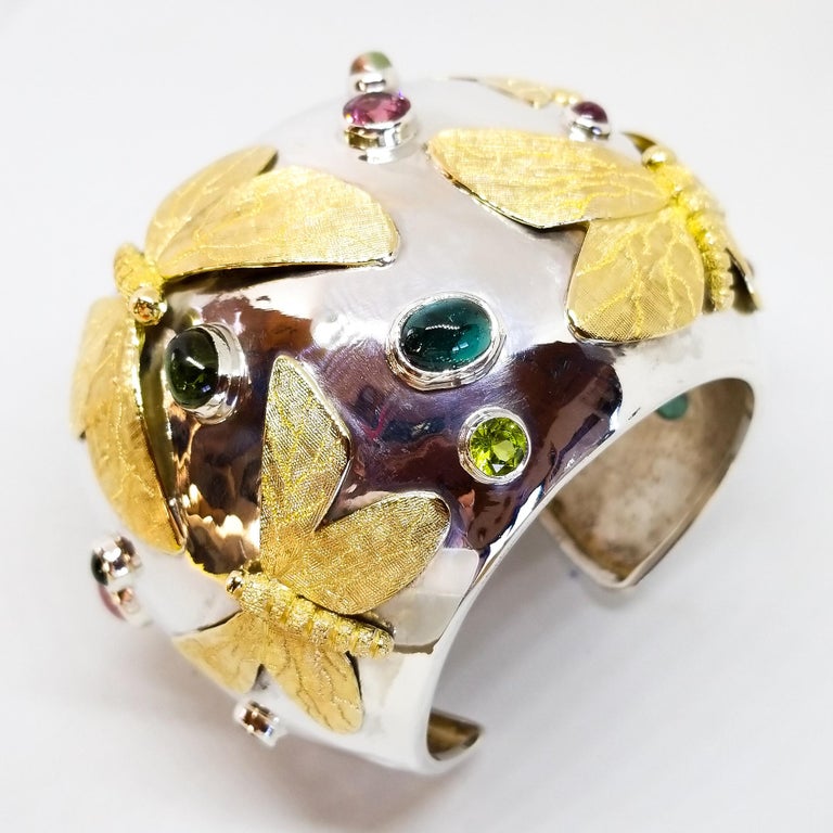 Tom Castor Collection One of a Kind 25 Carat Pink & Green Moth Cuff For Sale 7