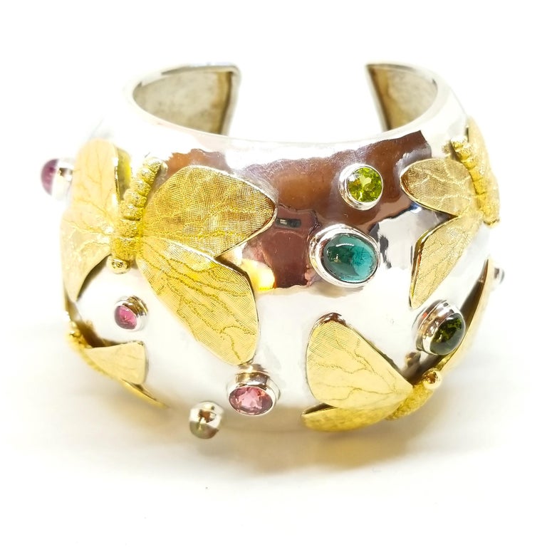 Tom Castor Collection One of a Kind 25 Carat Pink & Green Moth Cuff For Sale 8