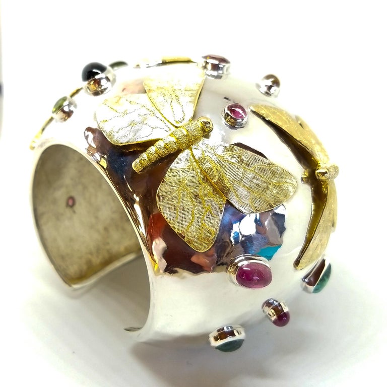 Women's or Men's Tom Castor Collection One of a Kind 25 Carat Pink & Green Moth Cuff For Sale
