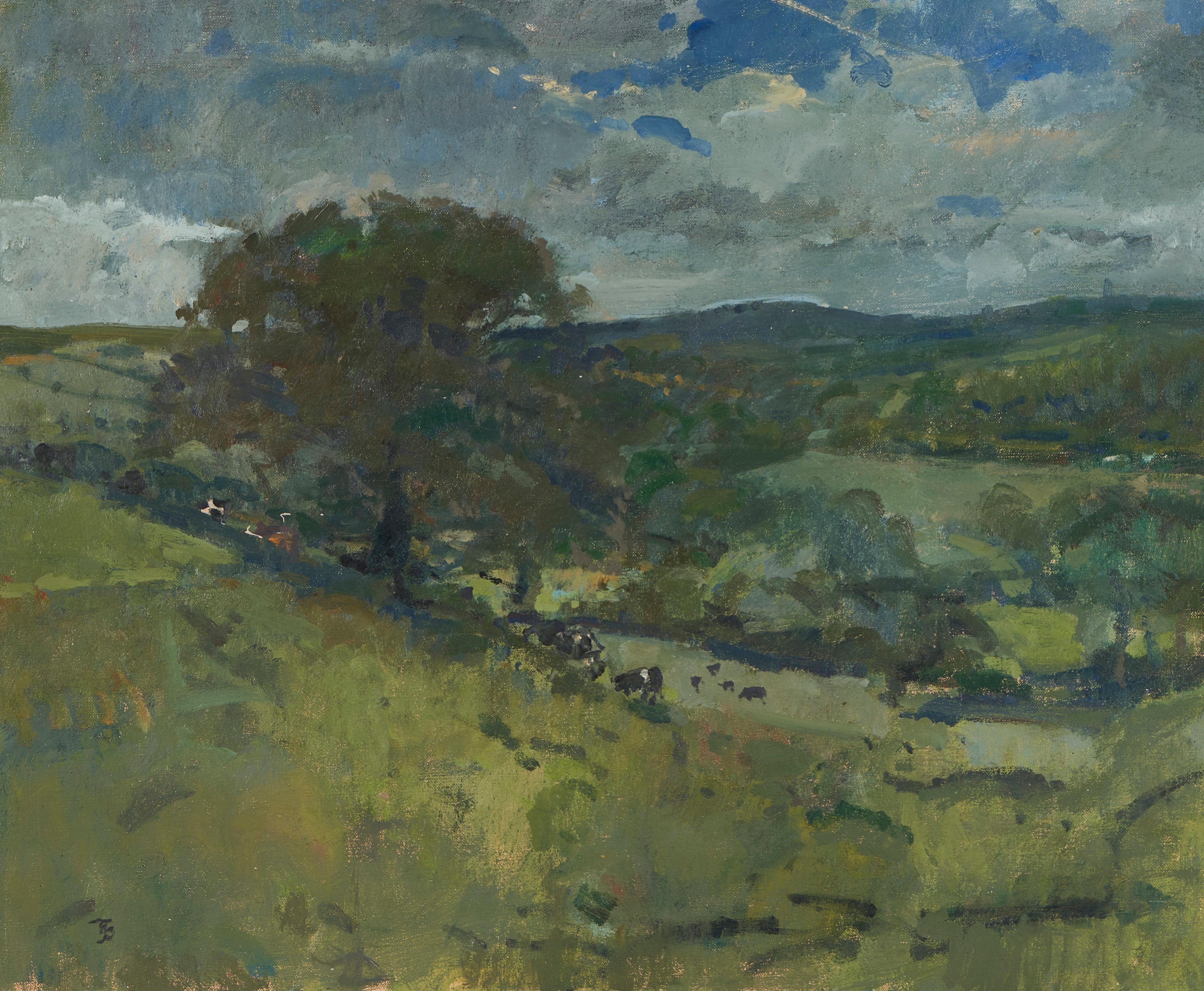 Pastoreo de ganado en un paisaje extensivo - Painting de Tom Coates