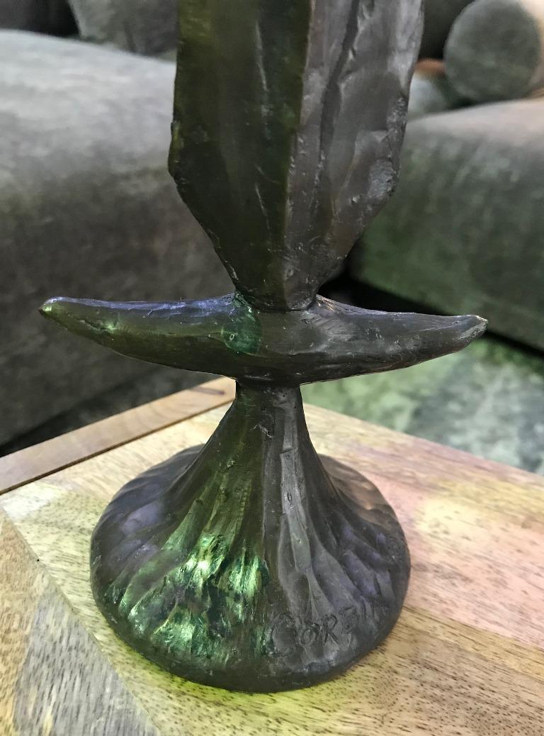 American Tom Corbin Signed Bronze Natural Patina Totem Candlestick Sculpture