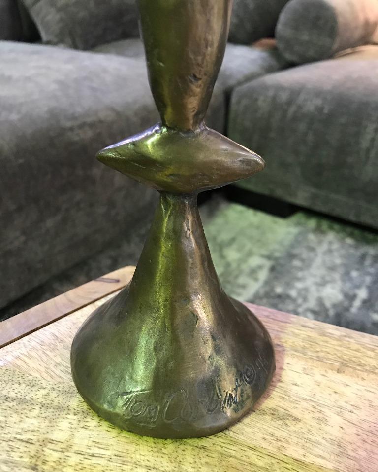 American Tom Corbin Modern Signed Bronze Natural Patina TOTEM Candlestick Sculpture