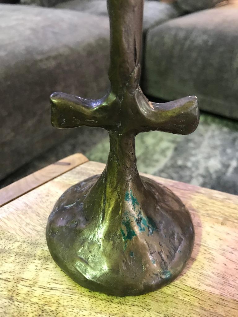 Tom Corbin Signed Bronze Natural Patina TOTEM Candlestick Sculpture In Good Condition In Studio City, CA