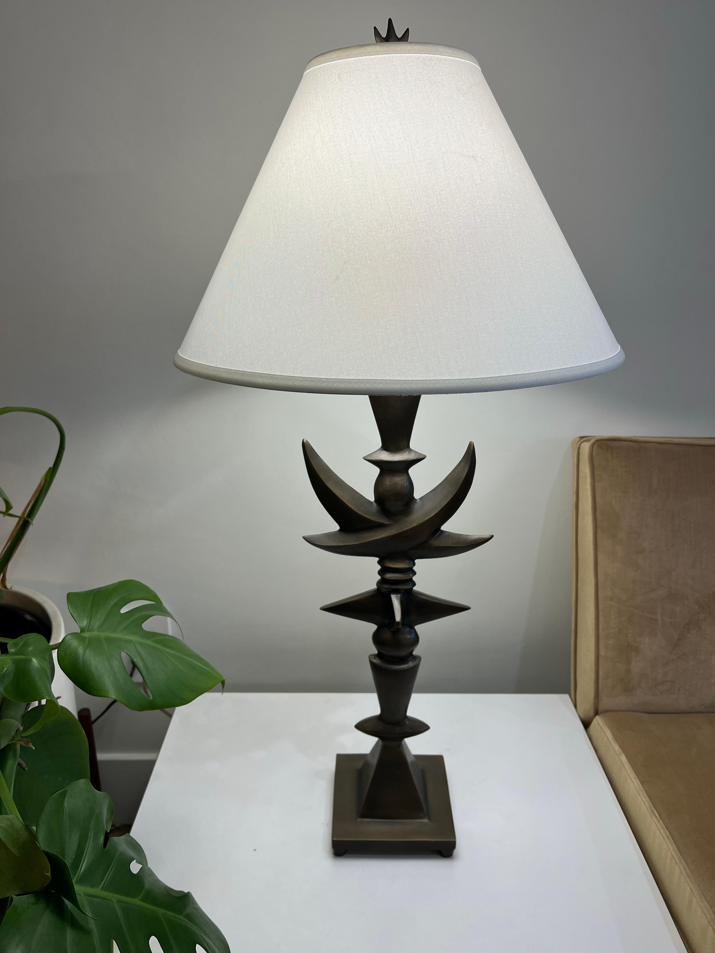 Vintage bronze table lamp by Tom Corbin, Totem IV. In great vintage condition, signed underneath the base. New shade, rewired, and original bronze finial. Incredibly well made, heavy, and stunning lines and shapes. Ready for use.
