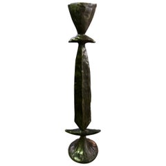 Vintage Tom Corbin Signed Bronze Natural Patina Totem Candlestick Sculpture