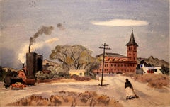 Tom Craig Woman Walking with Steam Train Signed Watercolor Painting