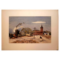Vintage Tom Craig Woman Walking with Steam Train Signed Watercolor Painting