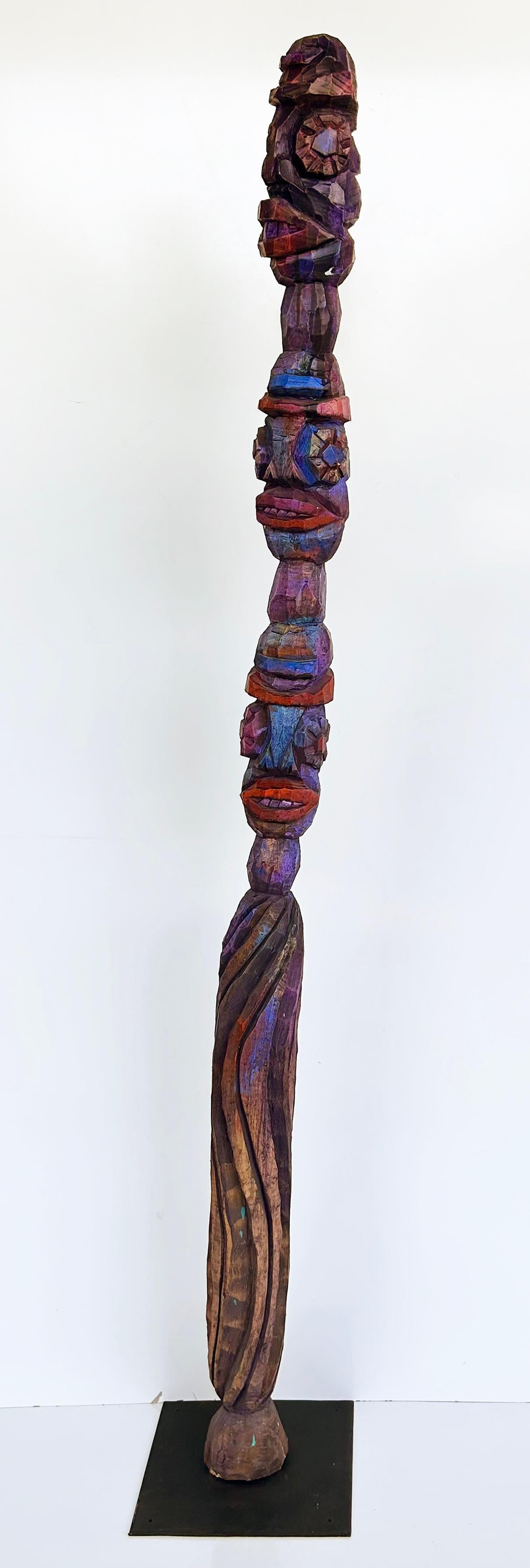 Hand-Carved Tom Cramer Primitive American Folk Art Carved Figural Totem Sculpture 1994 For Sale
