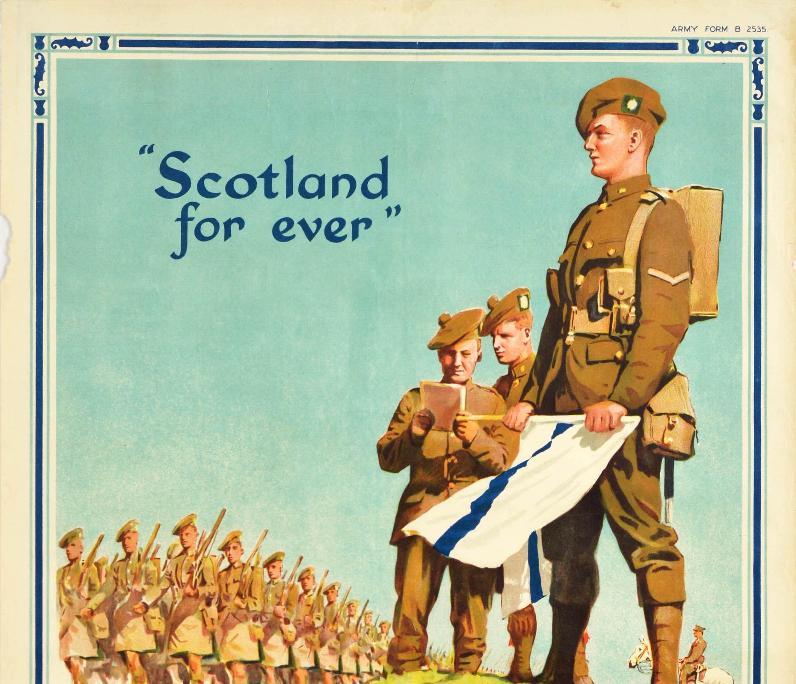 Original Vintage Military Army Poster Join A Scottish Regiment Scotland For Ever - Print by Tom Curr