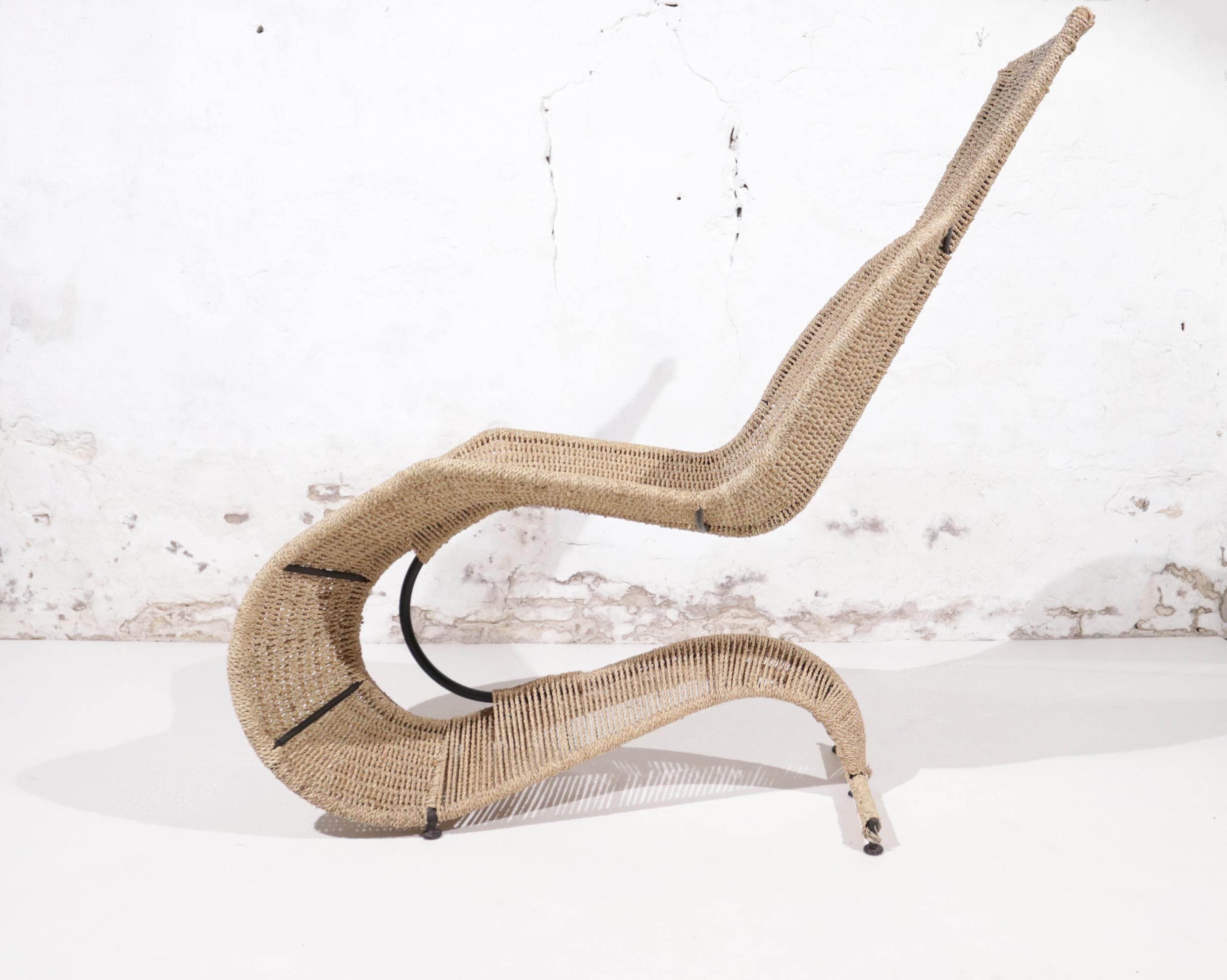 Tom Dixon Bolide Iron Woven Seagrass Rocking Chaise London 1991 For Sale 7