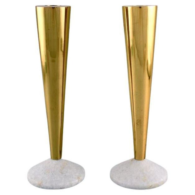 Tom Dixon, British Designer, a Pair of Candlesticks in Brass and Marble
