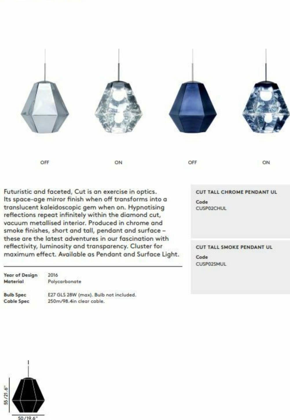 Tom Dixon Cut Smoke Pendant Tall, Translucent Gem, Diamond Cut, Space Age Light In Excellent Condition In Brooklyn, NY