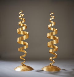 Tom Dixon, Early Pair of Kinetic Gold Leaf Spiral Floor Lamps, UK 1988