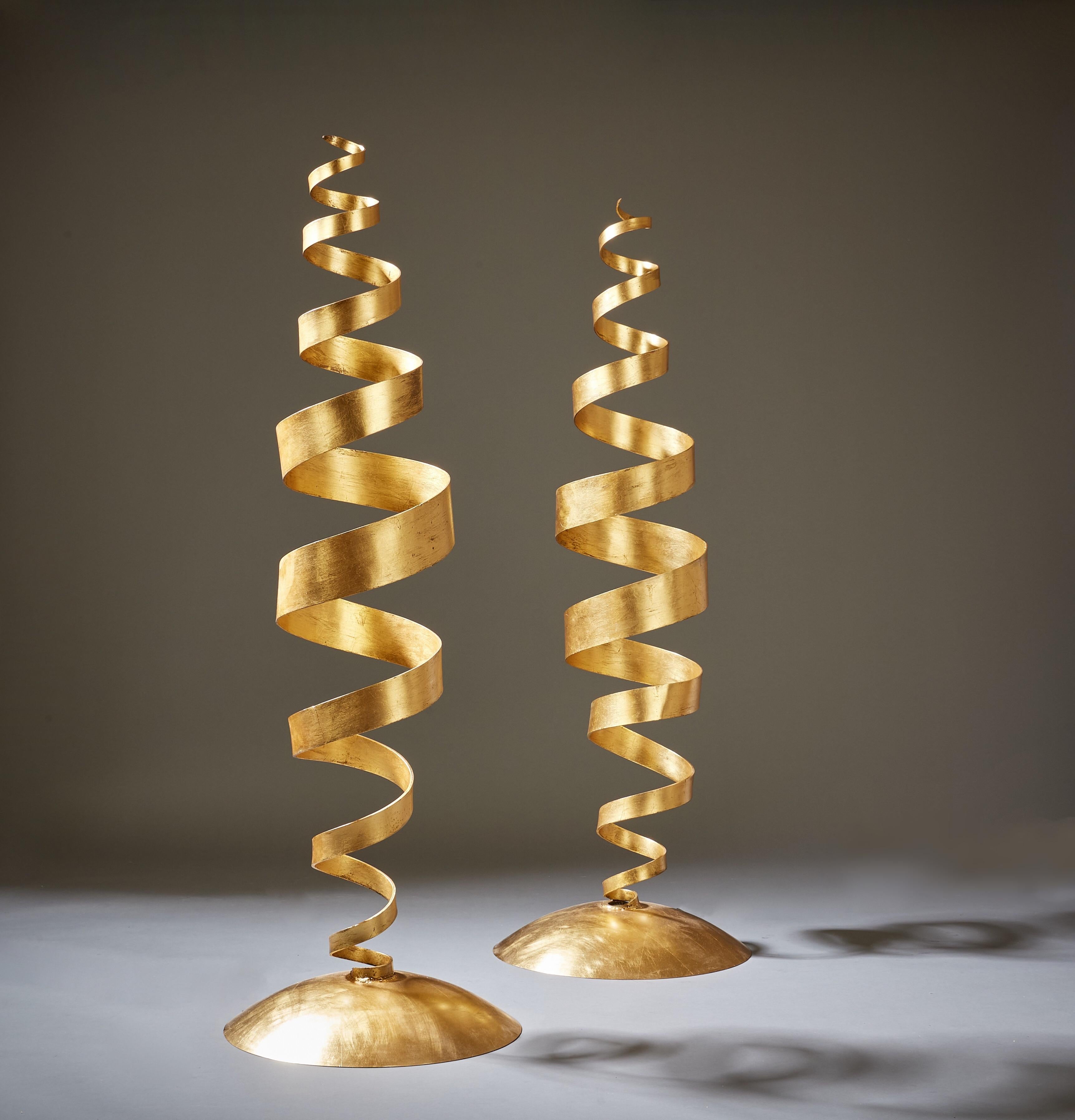 English Tom Dixon, Early Pair of Kinetic Gold Leaf Spiral Floor Lamps, UK 1988 For Sale