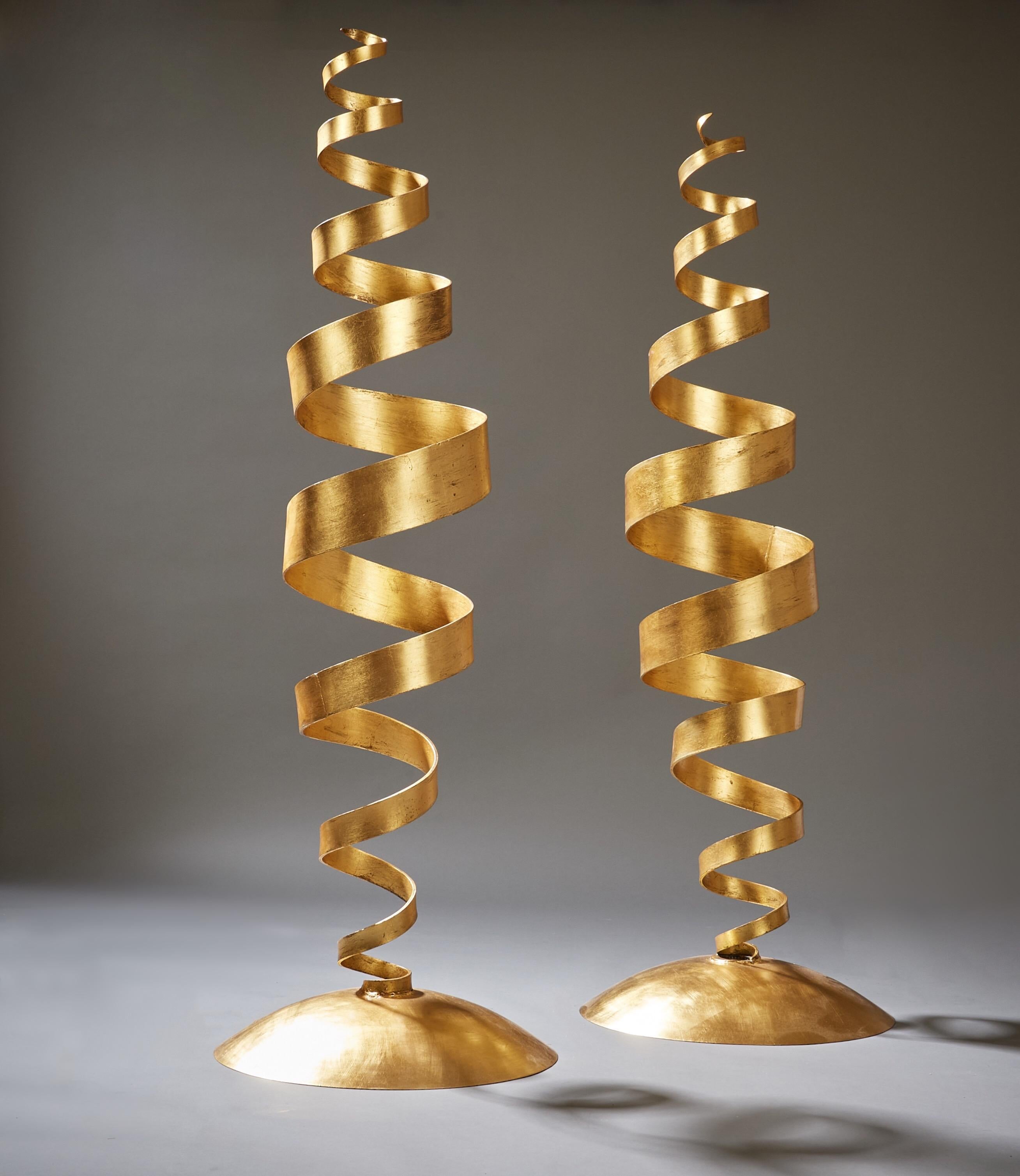 Tom Dixon, Early Pair of Kinetic Gold Leaf Spiral Floor Lamps, UK 1988 In Good Condition For Sale In New York, NY