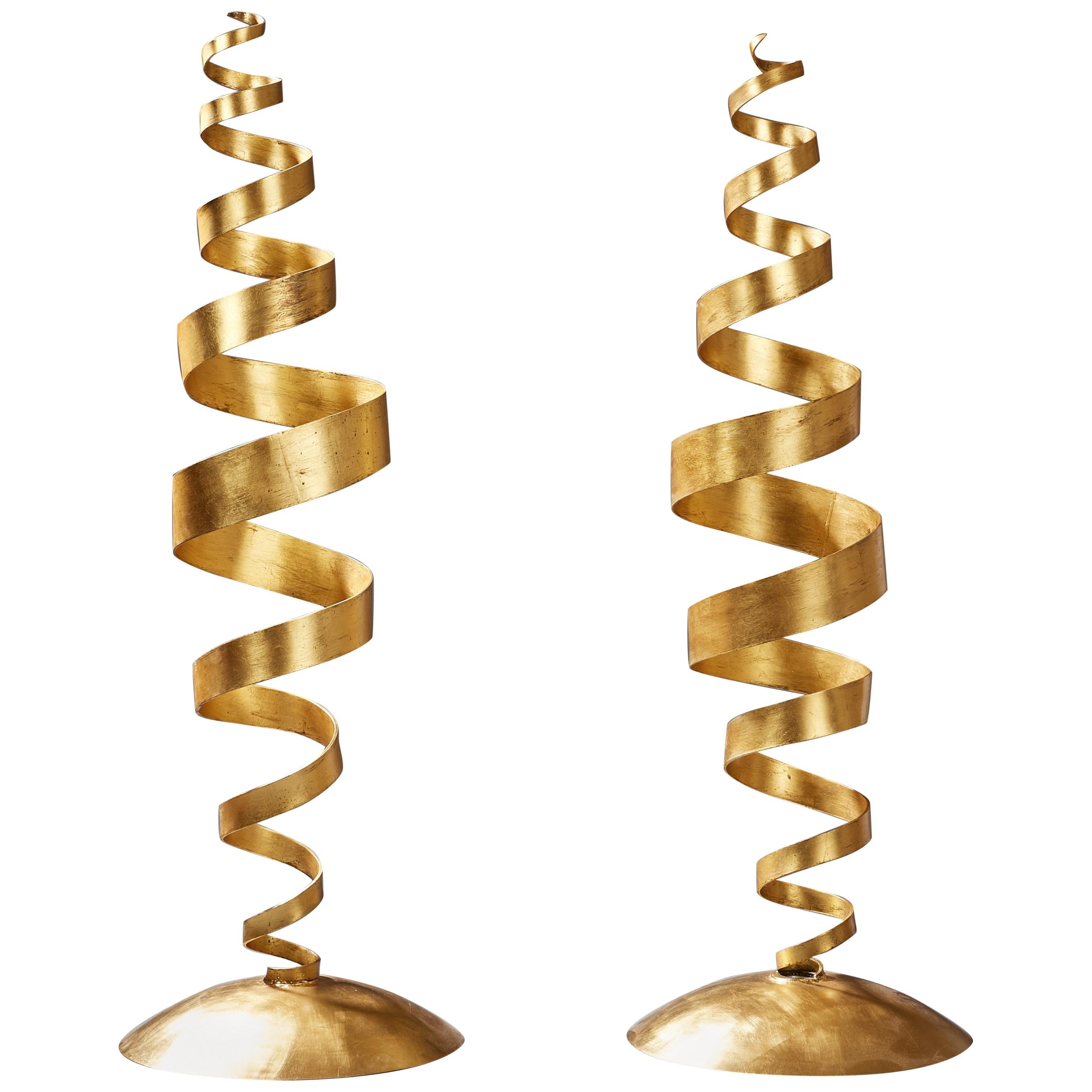 Tom Dixon, Early Pair of Kinetic Gold Leaf Spiral Floor Lamps, UK 1988