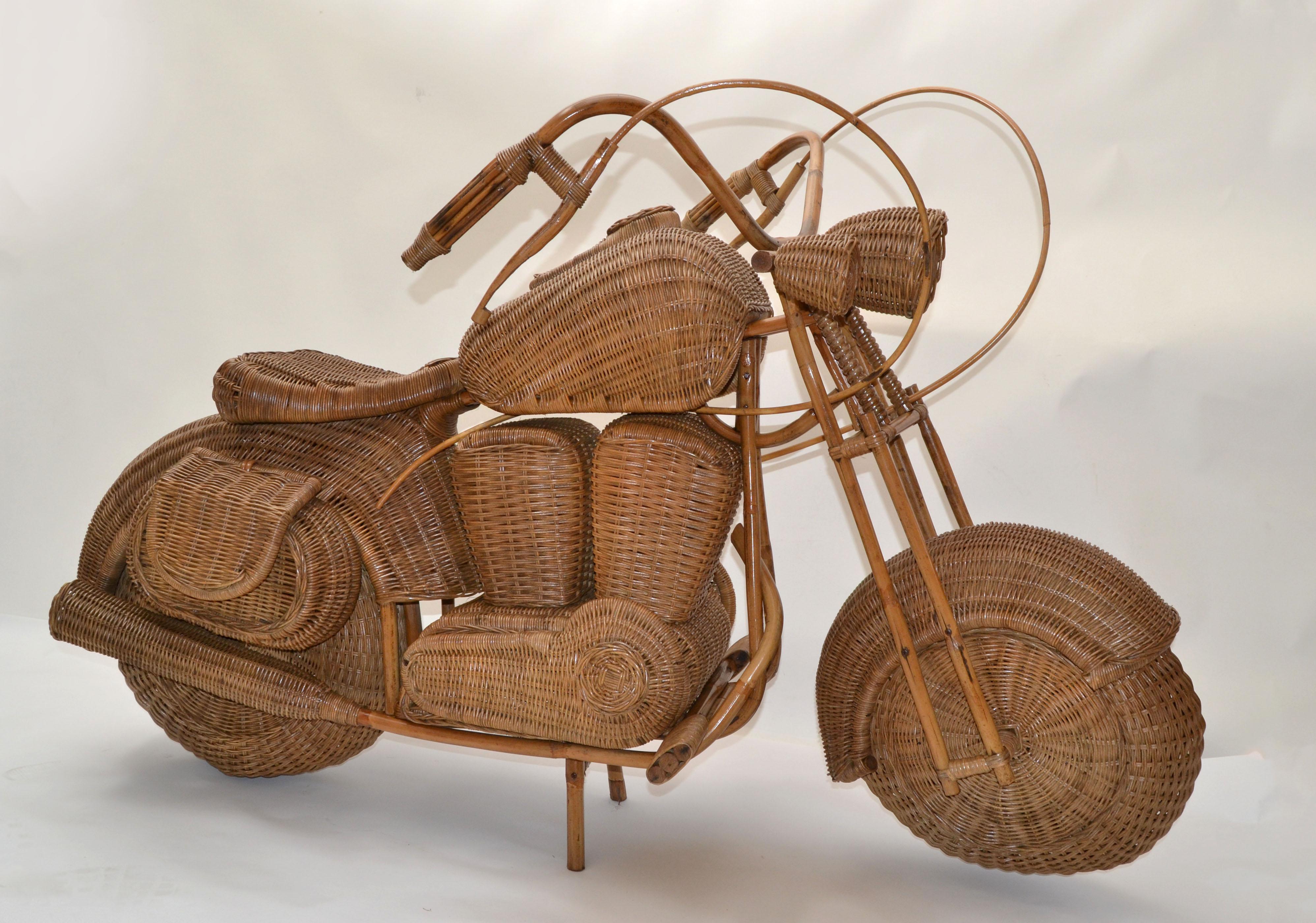 Life Size Harley Davidson handcrafted and handwoven sculptural motorcycle Design by Tom Dixon For Habitat stores Display in the 1980s. 
Handmade of rattan, cane and bamboo. Note the attention to the details all around on storage baskets,