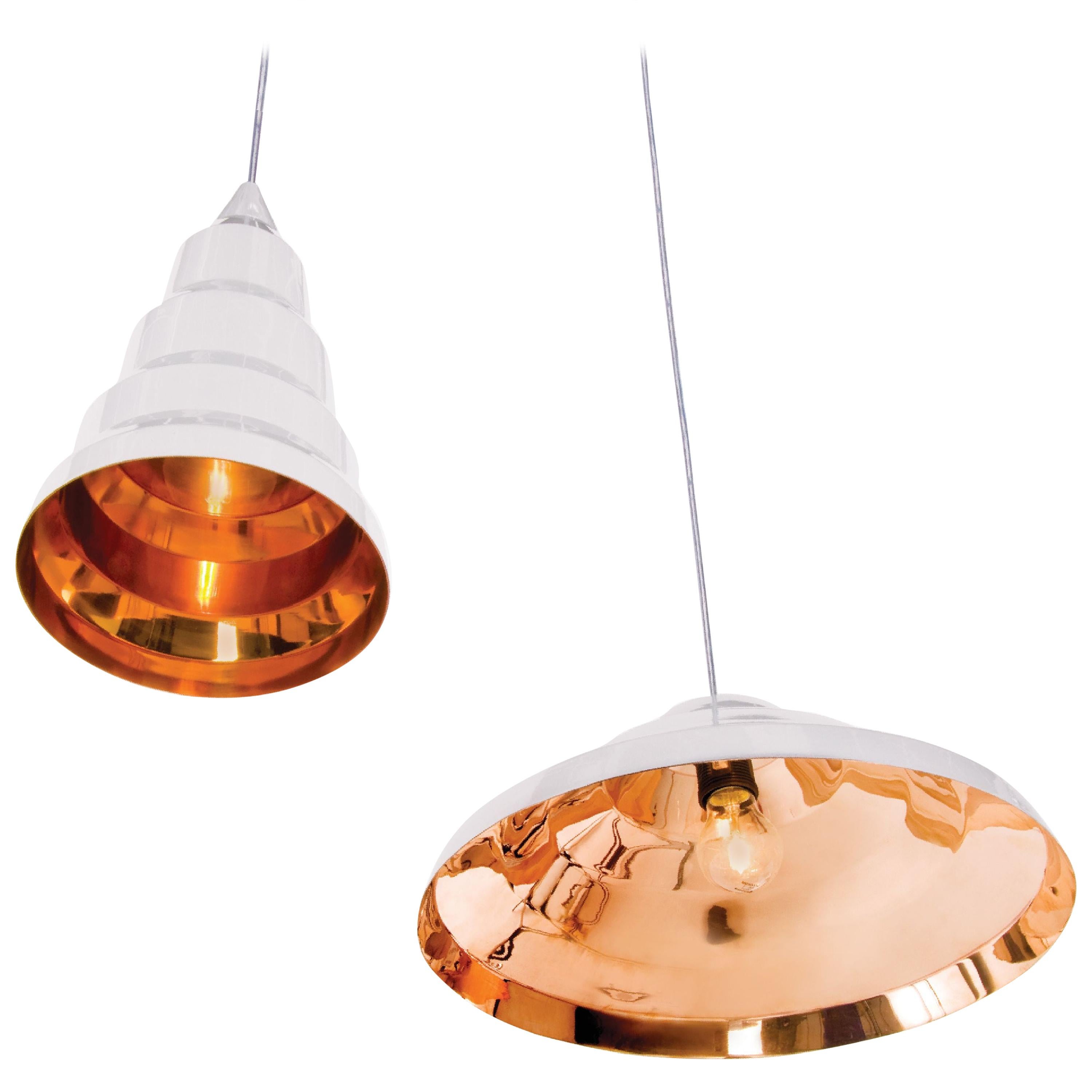 Tom Dixon Step Beat Fat & Wide White Pendant Light Set, Copper, Contemporary, UK For Sale