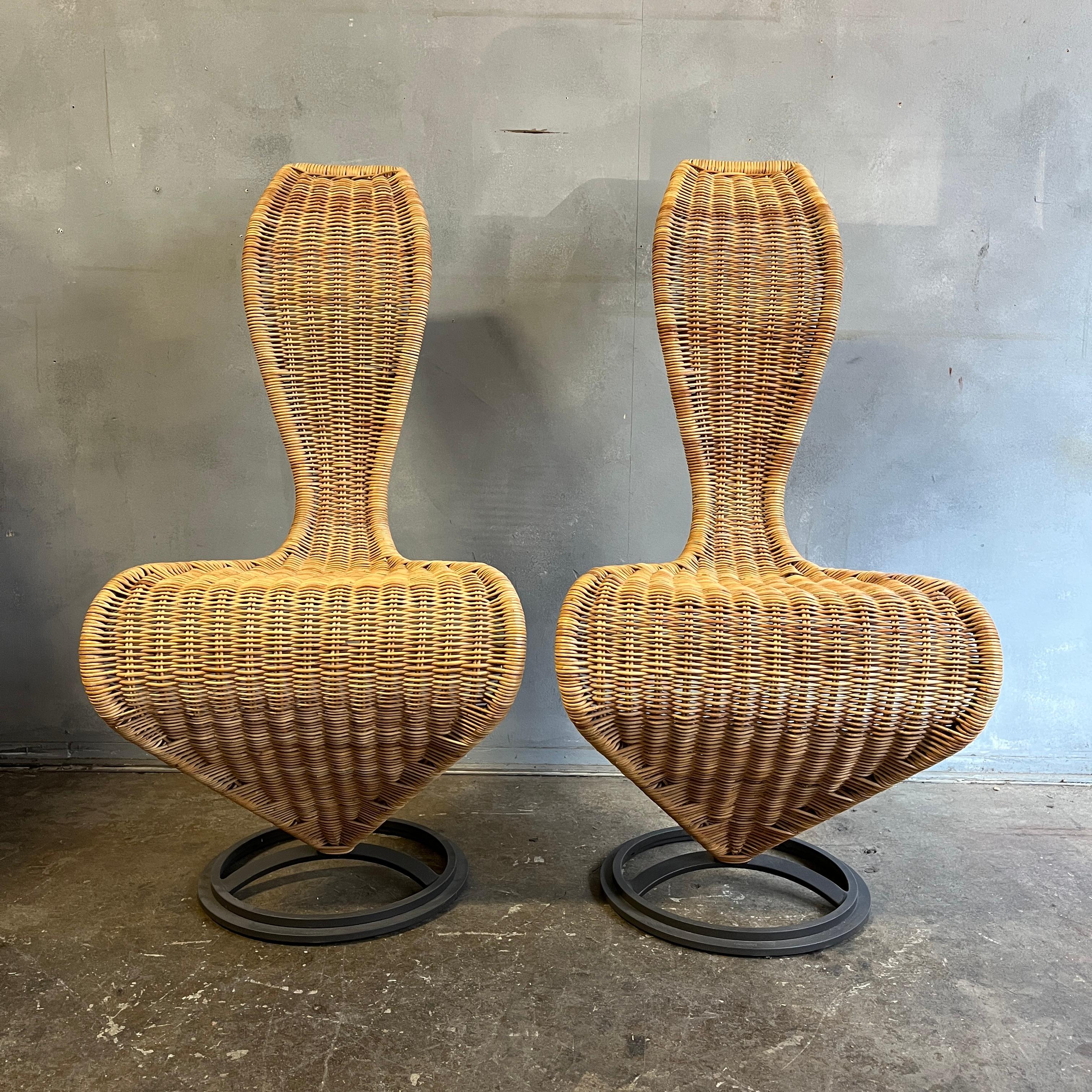 Vintage pair of Tom Dixon S-Chair with wicker for Cappellini. Beautiful s- shape curved back. Very sensual design. Cast Iron base.